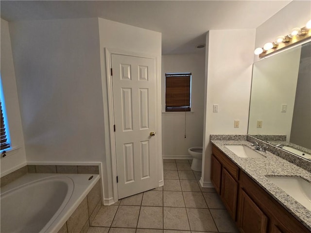 full bathroom featuring tile patterned flooring, a sink, toilet, and double vanity