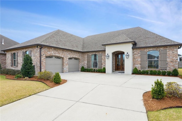 french country style house featuring a garage, brick siding, concrete driveway, roof with shingles, and a front yard