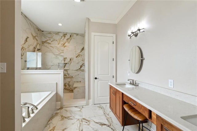 full bathroom with a sink, marble finish floor, a marble finish shower, a bath, and double vanity