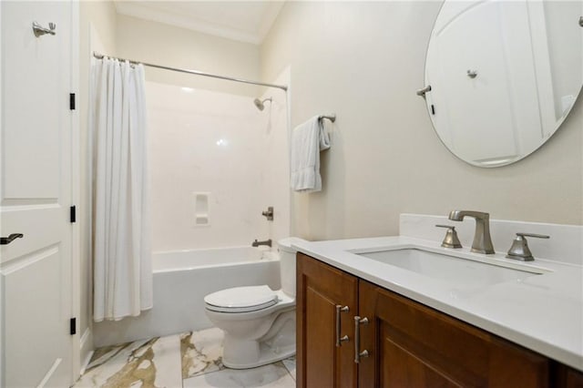 bathroom featuring toilet, marble finish floor, shower / tub combo with curtain, and vanity