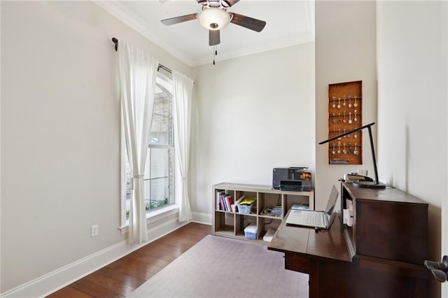 office featuring dark wood-style floors, baseboards, a wealth of natural light, and crown molding