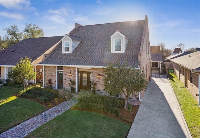 new england style home with a front yard, brick siding, fence, and roof with shingles