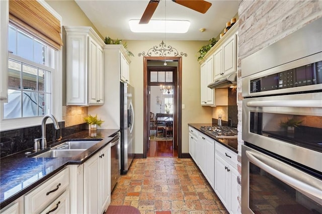 kitchen with under cabinet range hood, stainless steel appliances, a sink, white cabinets, and tasteful backsplash