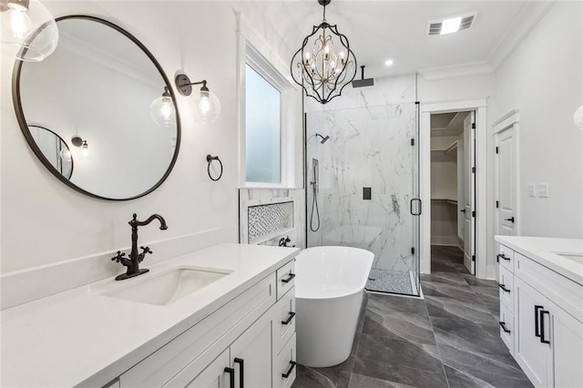 bathroom featuring visible vents, a sink, a chandelier, a marble finish shower, and marble finish floor