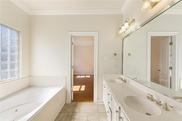 bathroom featuring tile patterned flooring, a sink, and crown molding