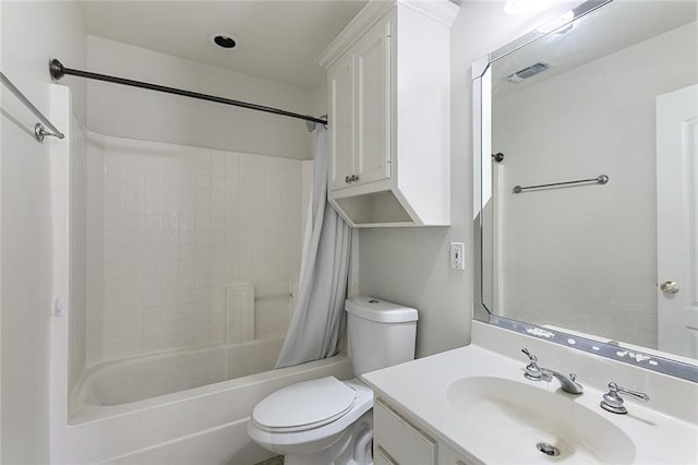 bathroom featuring toilet, visible vents, shower / bath combination with curtain, and vanity