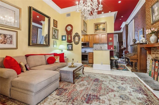 living area with light tile patterned floors, recessed lighting, crown molding, visible vents, and an inviting chandelier