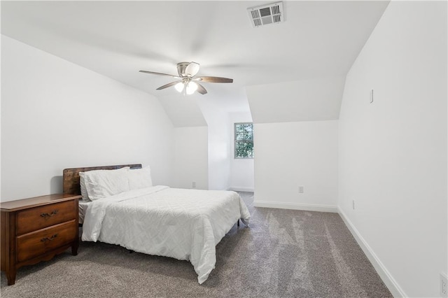 110 Rue Acadian, Belle Chasse, LA 70037 - carpeted bedroom with visible vents, vaulted ceiling, baseboards, and ceiling fan