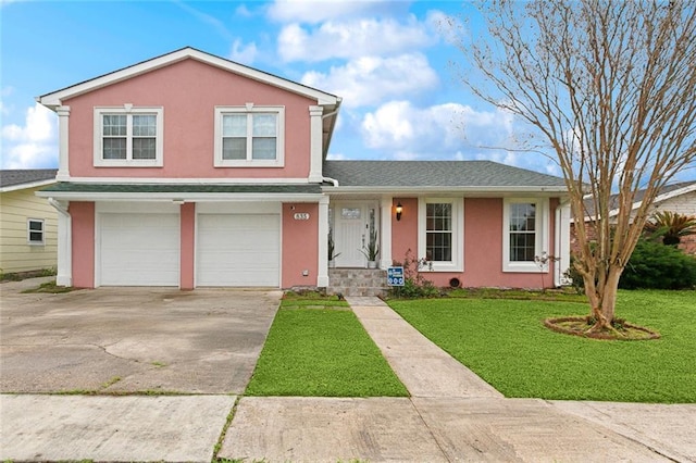 view of front of home featuring an attached garage, a shingled roof, driveway, stucco siding, and a front lawn