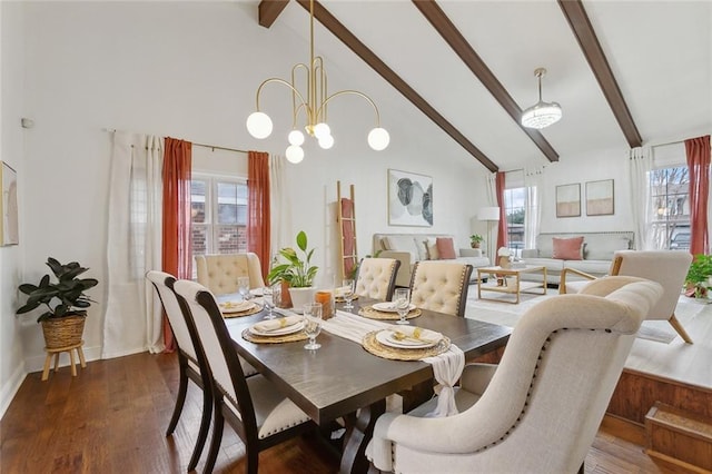 dining area with a healthy amount of sunlight, high vaulted ceiling, dark wood-style flooring, and beamed ceiling