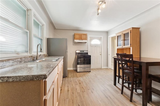 kitchen with stainless steel gas range oven, baseboards, light wood-type flooring, under cabinet range hood, and a sink