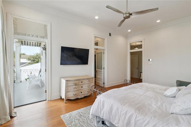 bedroom featuring access to outside, ornamental molding, wood finished floors, and recessed lighting