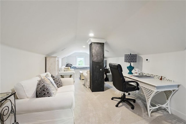 office area featuring lofted ceiling, light colored carpet, and recessed lighting