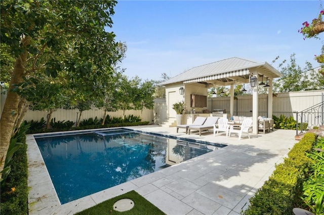 view of swimming pool with a fenced in pool, a patio, a fenced backyard, an outdoor hangout area, and a gazebo