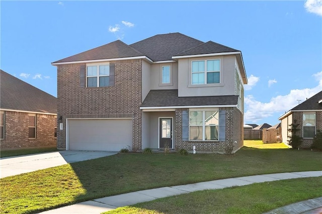 traditional-style home featuring a garage, a front yard, concrete driveway, and brick siding