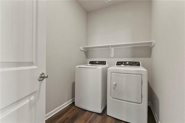 805 Bent Cypress Ln, Slidell, LA 70461 - clothes washing area featuring laundry area, baseboards, separate washer and dryer, and dark wood finished floors