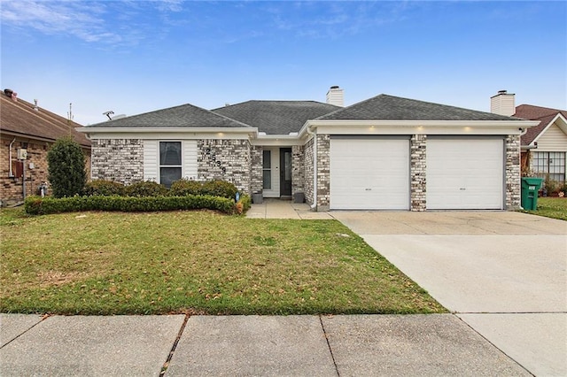 ranch-style house featuring a garage, driveway, a front lawn, and roof with shingles