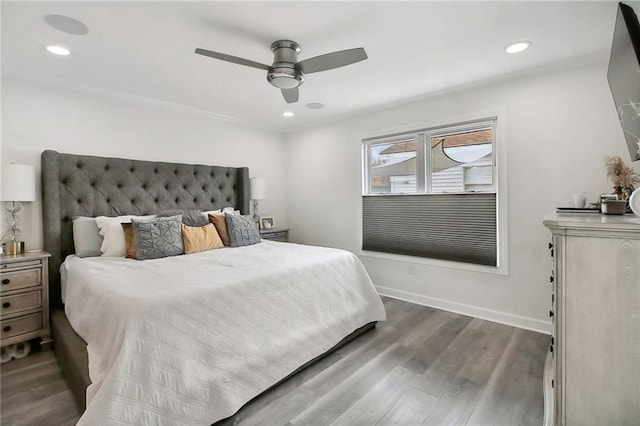 bedroom with a ceiling fan, recessed lighting, baseboards, and wood finished floors