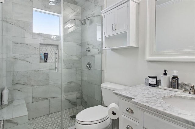 bathroom with toilet, a shower stall, and vanity