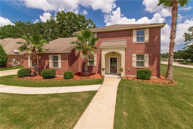 view of front of home with brick siding, a shingled roof, and a front lawn