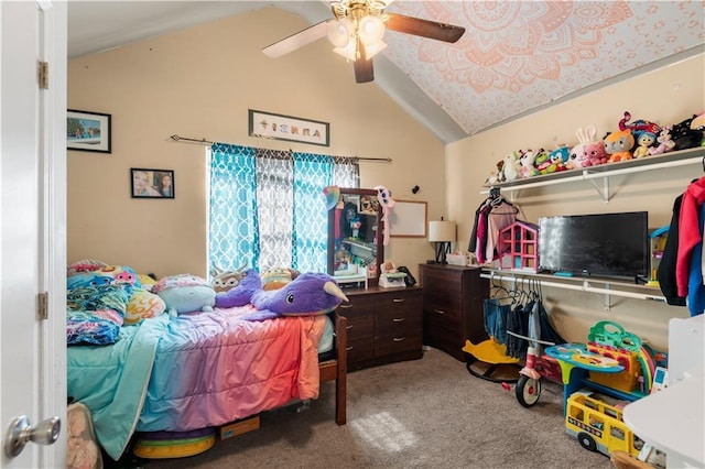 carpeted bedroom with lofted ceiling and ceiling fan