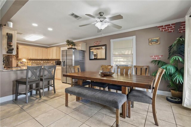 305 Eden Isles Dr, Slidell, LA 70458 - dining space with ornamental molding, light tile patterned flooring, a ceiling fan, and recessed lighting