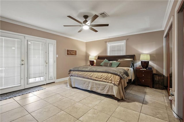 305 Eden Isles Dr, Slidell, LA 70458 - bedroom featuring ornamental molding, access to outside, light tile patterned flooring, and a ceiling fan