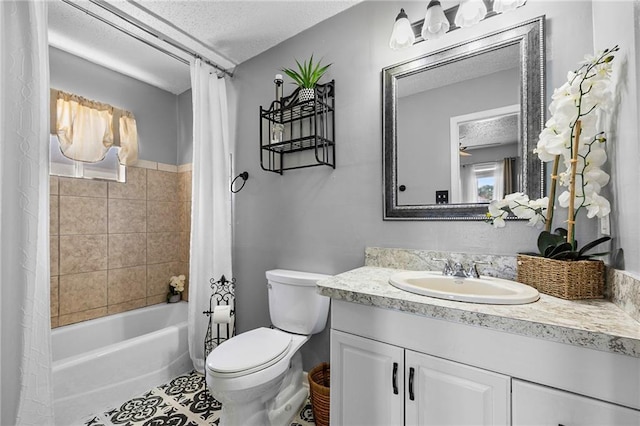 bathroom featuring a textured ceiling, toilet, shower / tub combo, vanity, and tile patterned floors