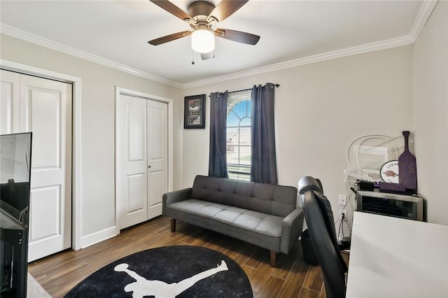 interior space featuring ornamental molding, ceiling fan, and dark wood-type flooring