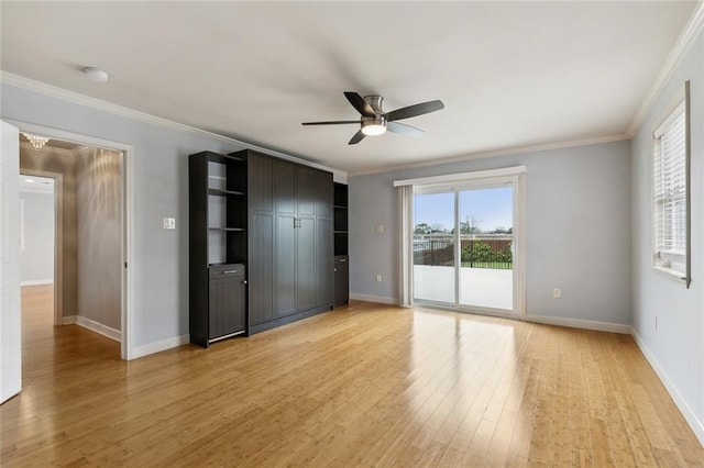 unfurnished bedroom with access to exterior, baseboards, ornamental molding, and light wood-style floors