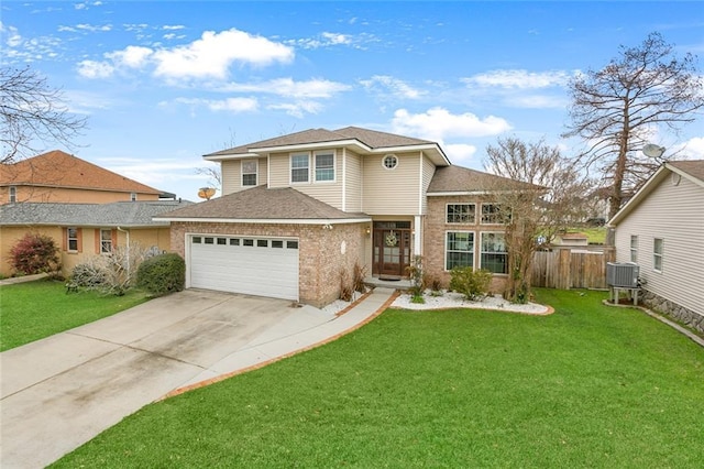 traditional home with central AC, a front lawn, fence, and brick siding