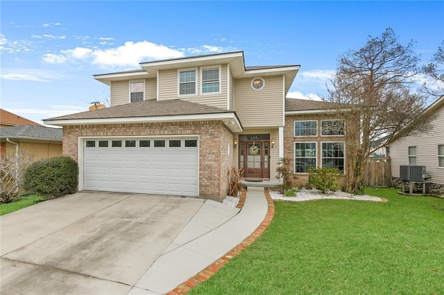 view of front of home with central AC unit, a garage, brick siding, concrete driveway, and a front yard