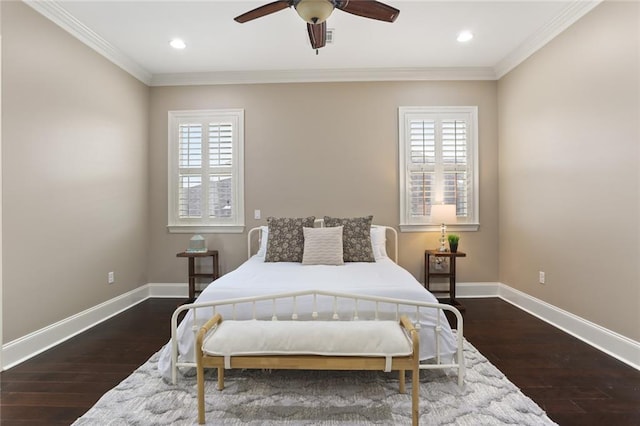 bedroom with baseboards, dark wood-style flooring, and ornamental molding