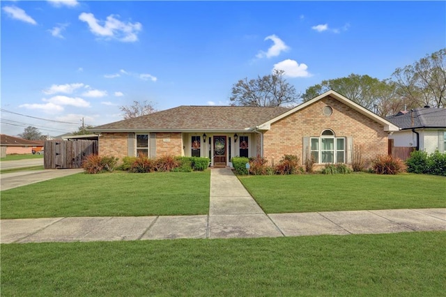 single story home with a front yard, brick siding, fence, and roof with shingles