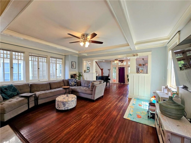 living room with a ceiling fan, dark wood-type flooring, beamed ceiling, stairs, and crown molding