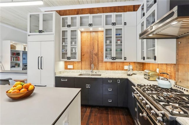 717 Port St, New Orleans, LA 70117 - kitchen with exhaust hood, a sink, dark cabinetry, stainless steel gas stove, and white cabinetry