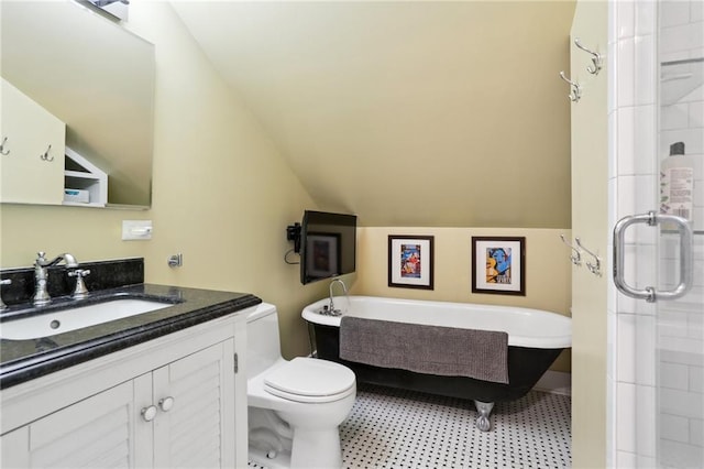 717 Port St, New Orleans, LA 70117 - full bathroom featuring a shower stall, vaulted ceiling, toilet, vanity, and a freestanding tub