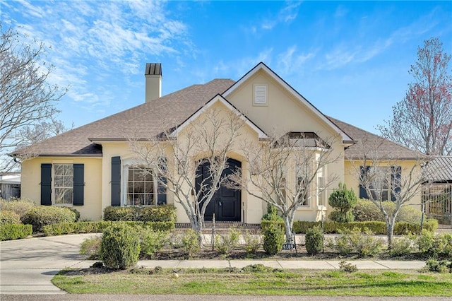 view of front of house featuring a shingled roof, a chimney, fence, and stucco siding