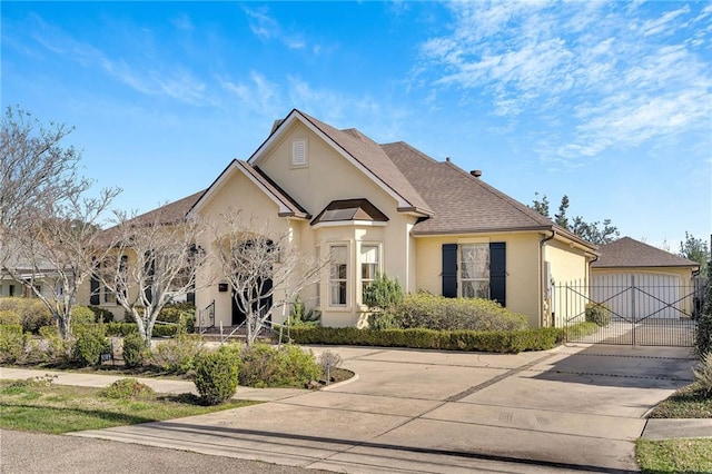 view of front of property with roof with shingles, a gate, and stucco siding