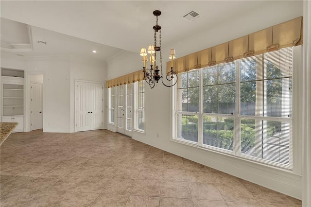 unfurnished dining area with light tile patterned floors, visible vents, an inviting chandelier, crown molding, and built in shelves