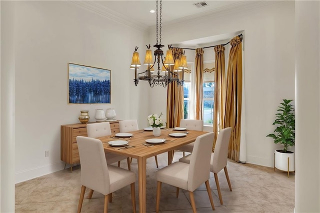 dining room featuring crown molding, recessed lighting, visible vents, a chandelier, and baseboards