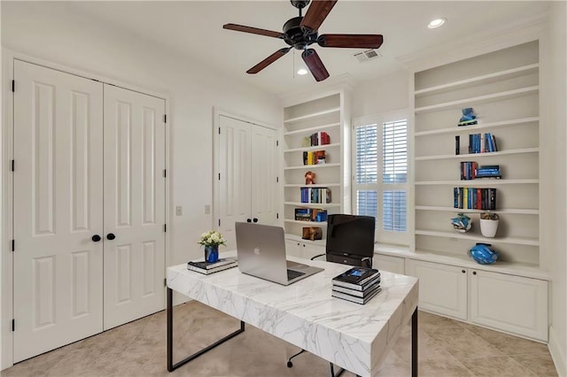 office space featuring built in shelves, recessed lighting, visible vents, a ceiling fan, and light tile patterned flooring