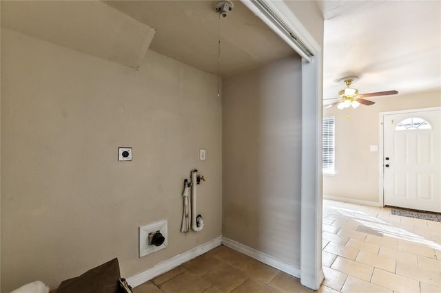 washroom featuring light tile patterned floors, laundry area, baseboards, a ceiling fan, and hookup for an electric dryer