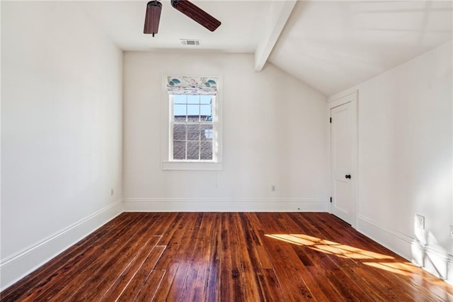 3829 Dauphine St, New Orleans, LA 70117 - empty room featuring vaulted ceiling with beams, ceiling fan, wood finished floors, visible vents, and baseboards