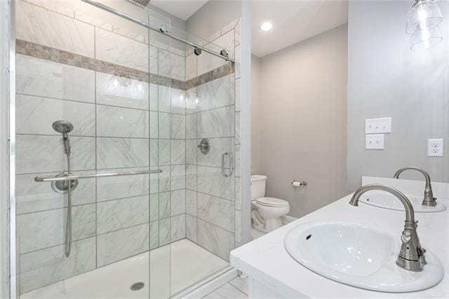 bathroom with a shower stall, toilet, and a sink