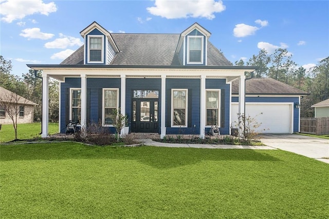 cape cod house featuring roof with shingles, a porch, an attached garage, driveway, and a front lawn