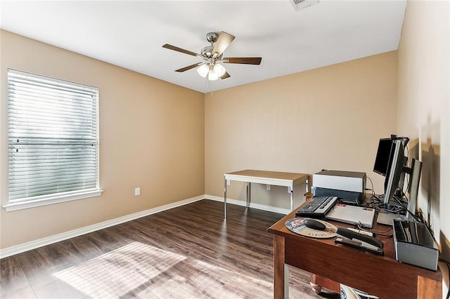 office space with dark wood-style floors, visible vents, a ceiling fan, and baseboards