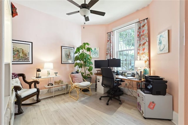 office area featuring a ceiling fan and light wood finished floors