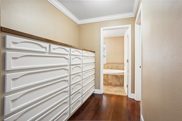 corridor featuring dark wood-style floors and crown molding