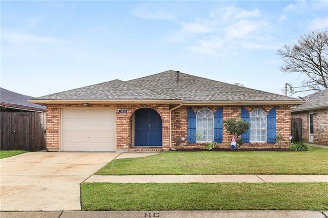 ranch-style home featuring a garage, concrete driveway, brick siding, and a shingled roof